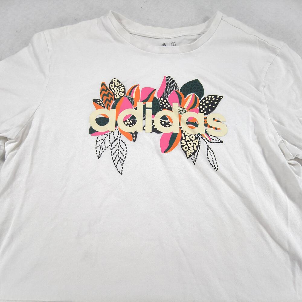 Adidas Flowers Graphic Short Sleeve Crew Neck Crop Top Shirt Womens Size M White